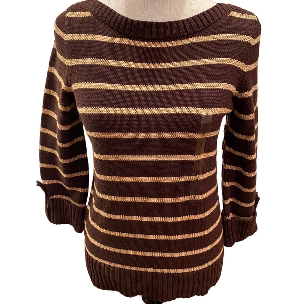 Jones New York Women's Sweater Roll Up Button Boat Brown Stripe Size Small. NWT
